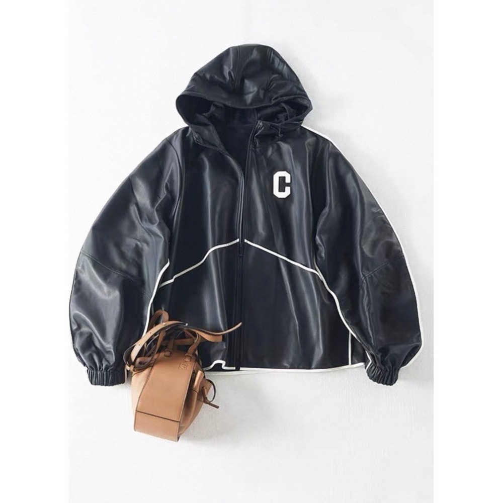 NEW Women Genuine Leather Hooded Jacket Cropped Sport-Luxe Relaxed Fit Black S